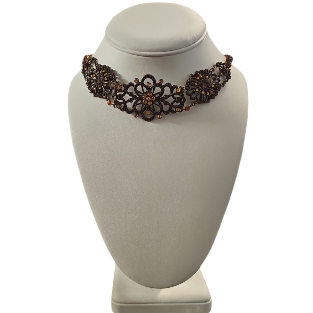 Vintage VCLM Antique Color Metal and Amber Rhinestones Choker Necklace